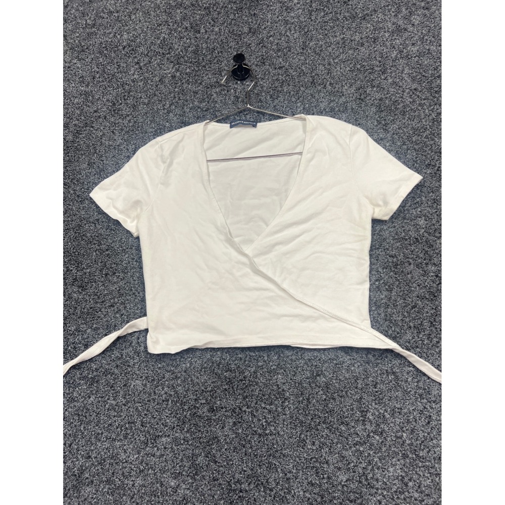 Brandy Melville Wrap Top Women OS White Short Sleeve V-Neck Cropped Basic Tee